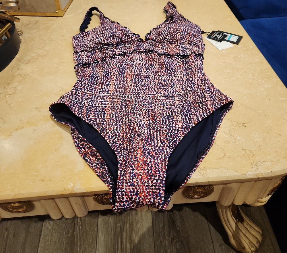 River Island Navy, Pink and Red Ruffle-Trim One-Piece Swimsuit